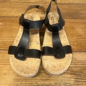 Earth Womens 12M Black Leather T Strap Sandals Cork Wedge Comfort Casual